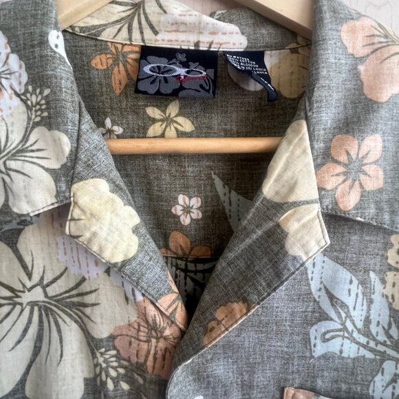 Vintage OP Sports Men’s Size Large Hawaiian Shirt‎ Floral Green Beige Cotton - Picture 2 of 7
